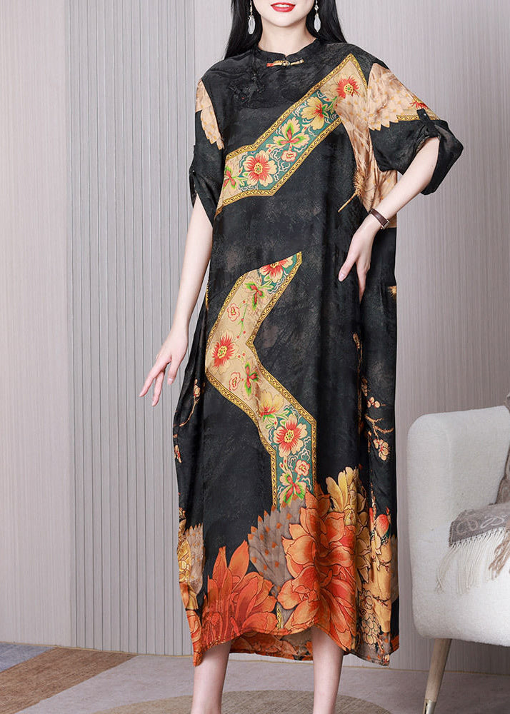 Vintage Black Print Patchwork Chinese Button Silk Long Dress Half Sleeve LY3754 - fabuloryshop