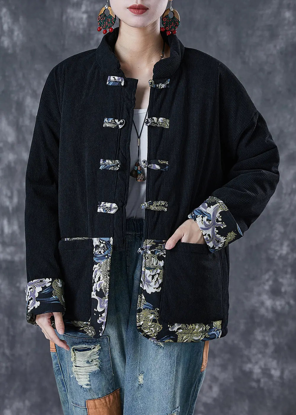 Vintage Black Print Patchwork Fine Cotton Filled Parker Winter Warm Ada Fashion