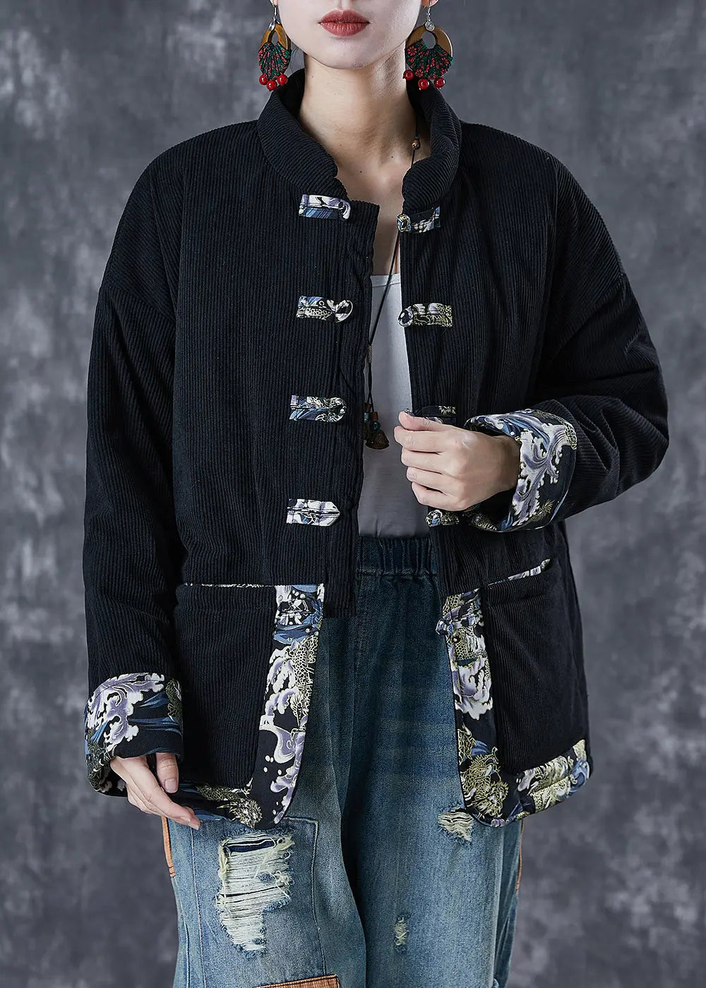 Vintage Black Print Patchwork Fine Cotton Filled Parker Winter Warm Ada Fashion
