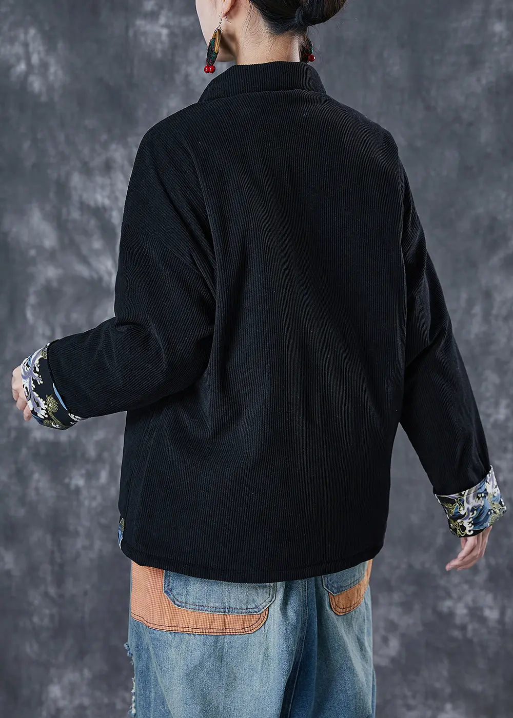 Vintage Black Print Patchwork Fine Cotton Filled Parker Winter Warm Ada Fashion