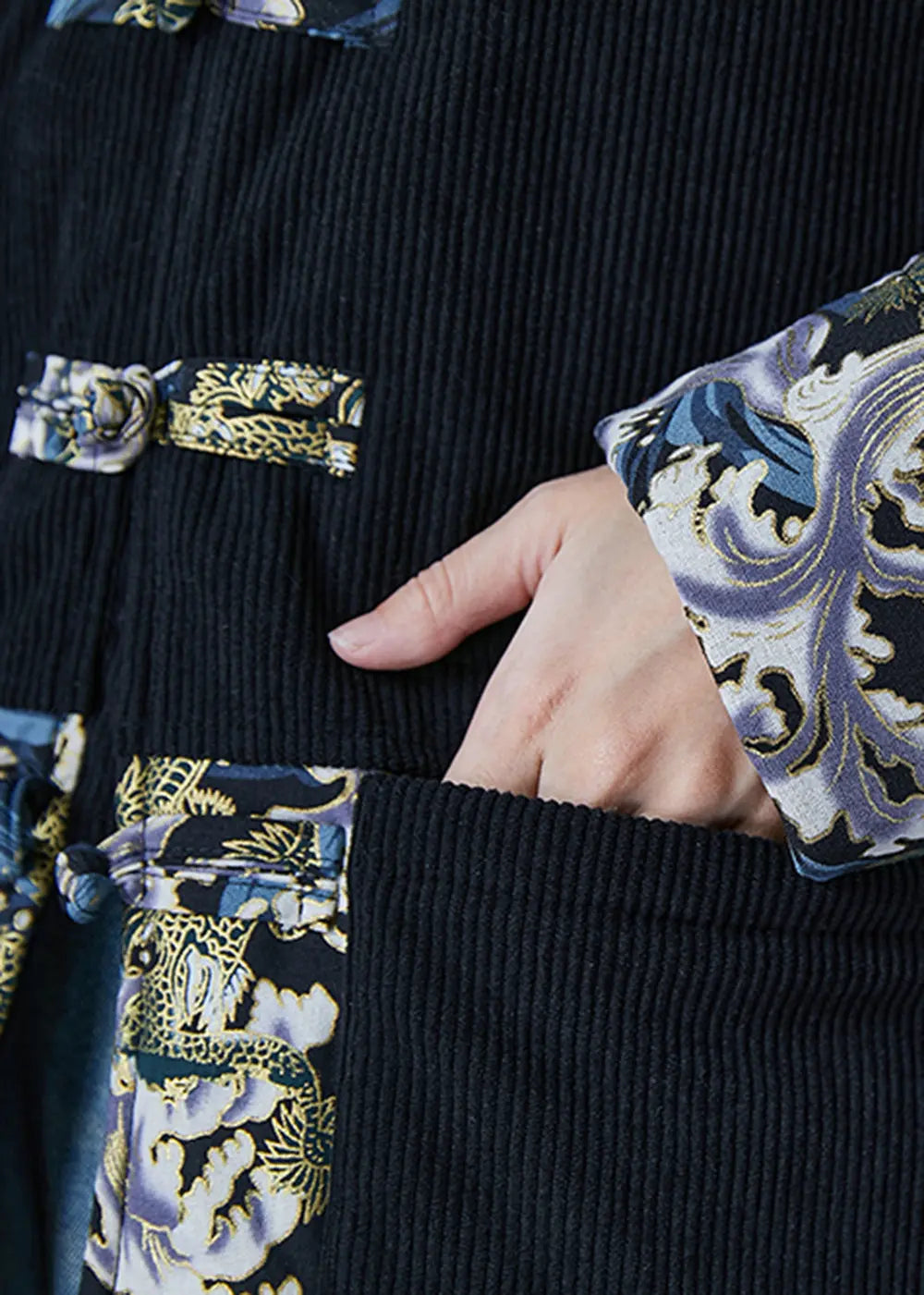 Vintage Black Print Patchwork Fine Cotton Filled Parker Winter Warm Ada Fashion