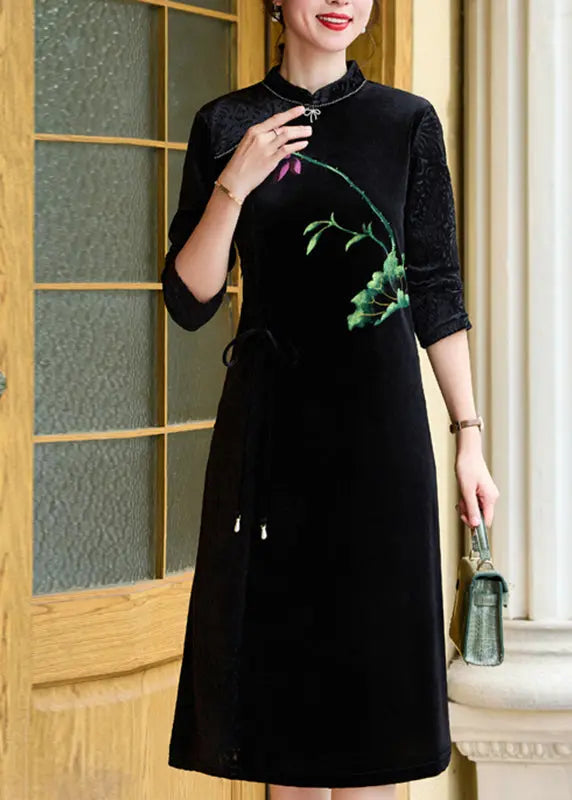 Vintage Black Print Tie waist Silk Velour Vacation Long Dresses Long Sleeve Ada Fashion