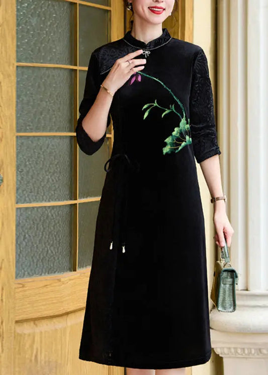 Vintage Black Print Tie waist Silk Velour Vacation Long Dresses Long Sleeve Ada Fashion