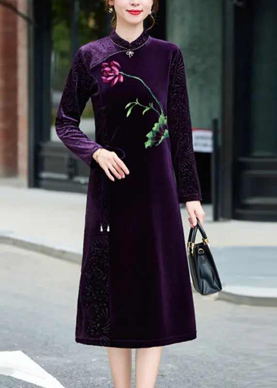 Vintage Black Print Tie waist Silk Velour Vacation Long Dresses Long Sleeve Ada Fashion
