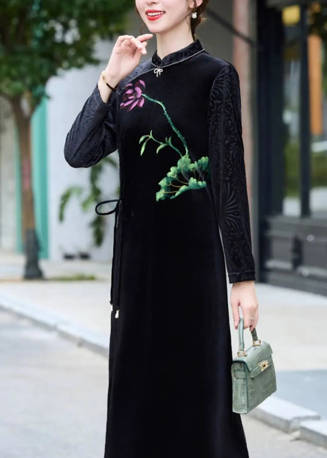 Vintage Black Print Tie waist Silk Velour Vacation Long Dresses Long Sleeve Ada Fashion