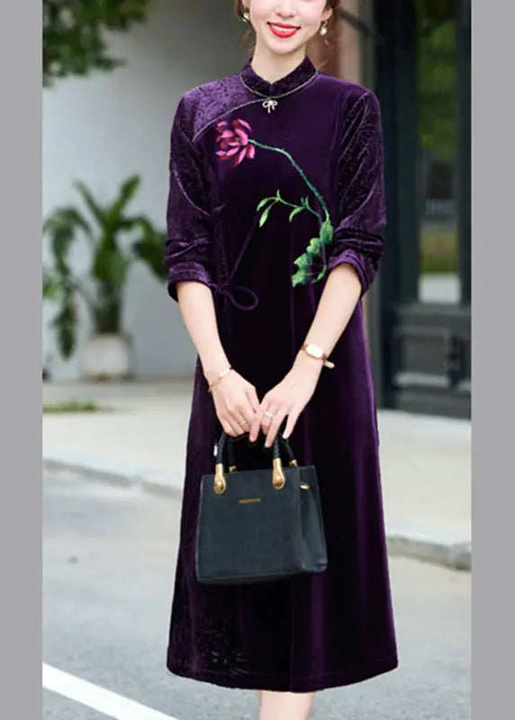 Vintage Black Print Tie waist Silk Velour Vacation Long Dresses Long Sleeve Ada Fashion
