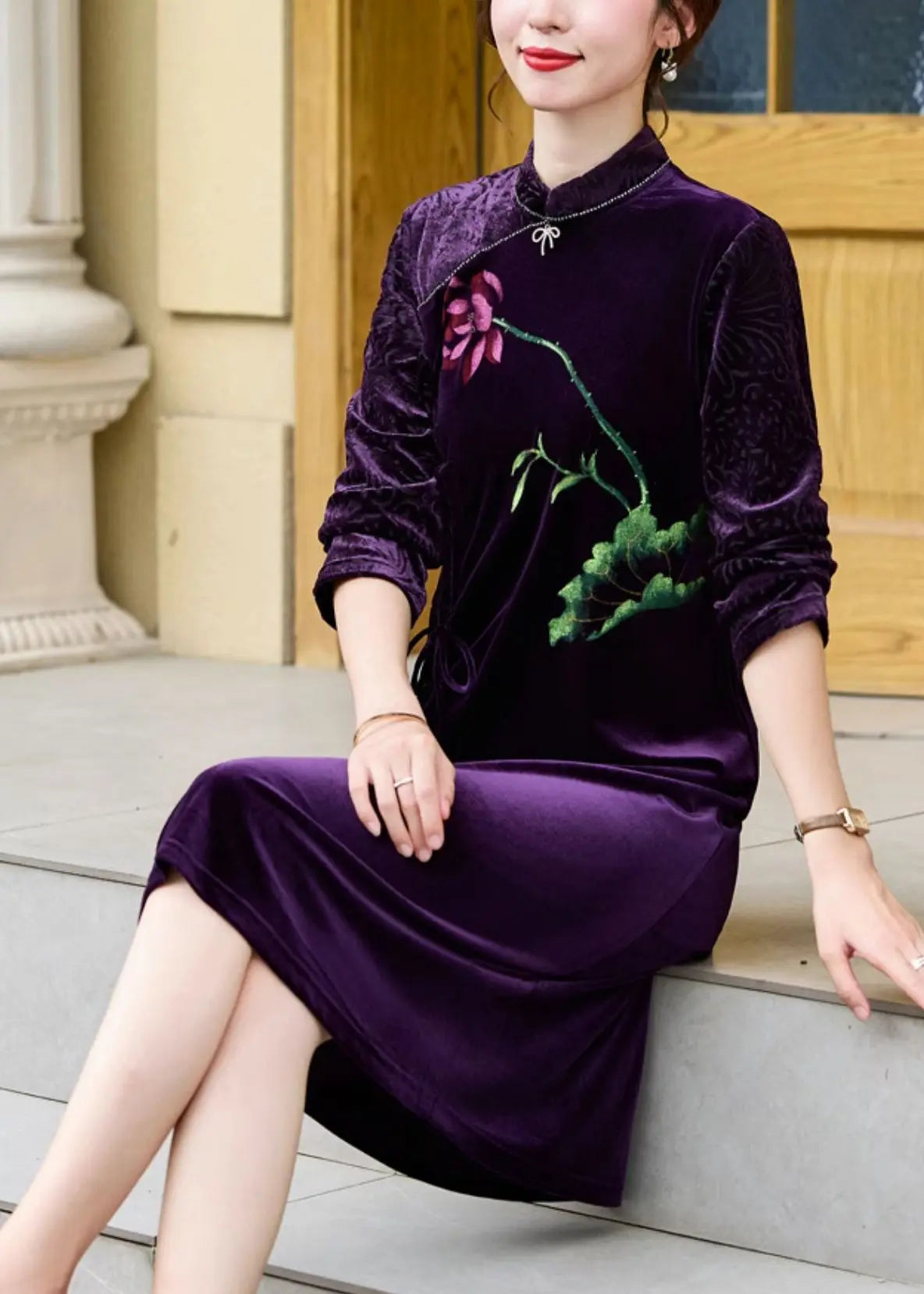 Vintage Black Print Tie waist Silk Velour Vacation Long Dresses Long Sleeve Ada Fashion