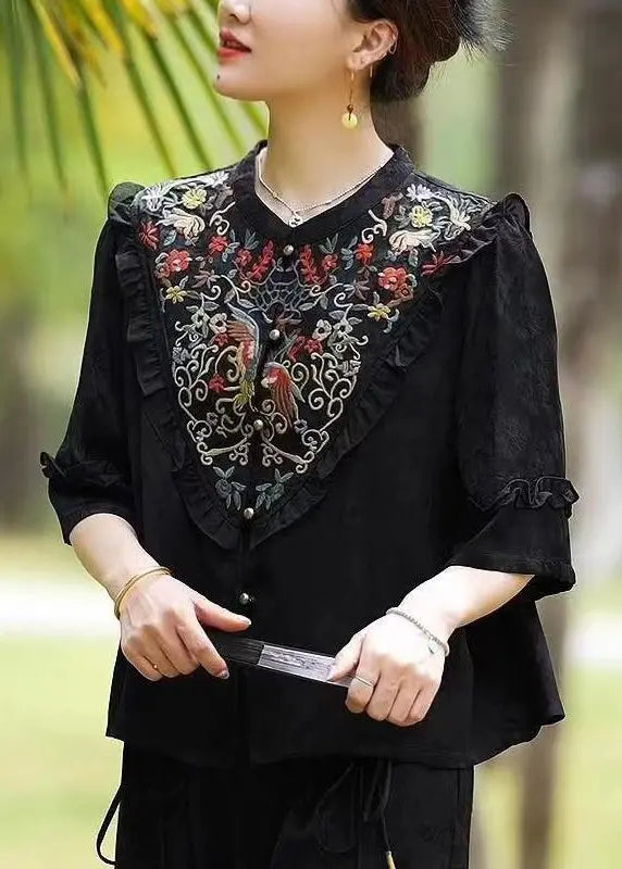 Vintage Black Ruffled Embroideried Patchwork Silk Tops Half Sleeve Ada Fashion