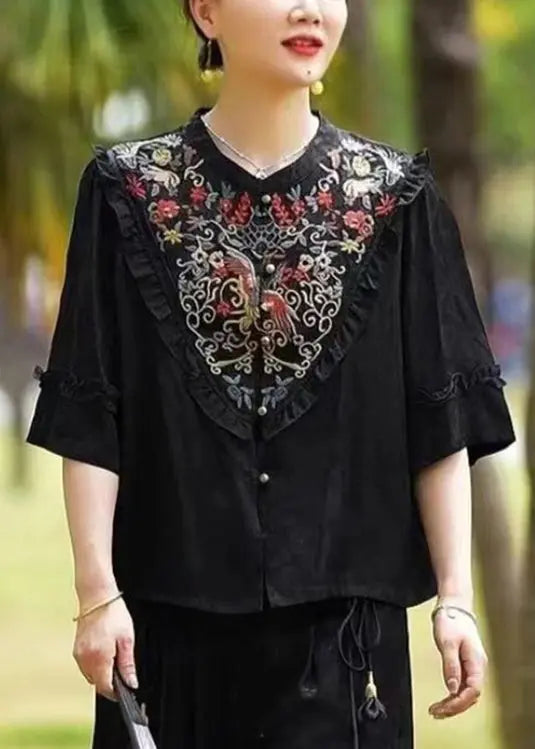Vintage Black Ruffled Embroideried Patchwork Silk Tops Half Sleeve Ada Fashion