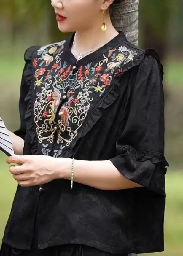Vintage Black Ruffled Embroideried Patchwork Silk Tops Half Sleeve Ada Fashion