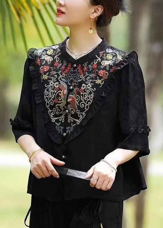 Vintage Black Ruffled Embroideried Patchwork Silk Tops Half Sleeve Ada Fashion