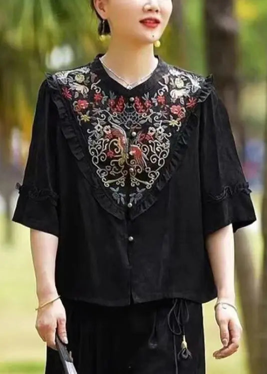 Vintage Black Ruffled Embroideried Patchwork Silk Tops Half Sleeve Ada Fashion