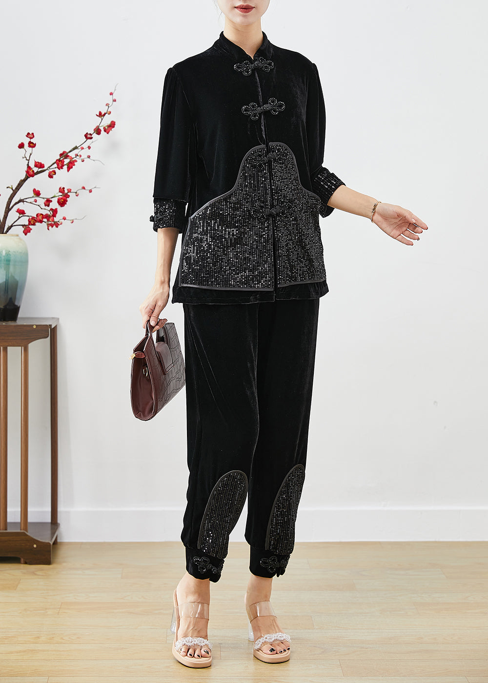 Vintage Black Sequins Patchwork Chinese Button Silk Velour Two Pieces Set Fall Ada Fashion