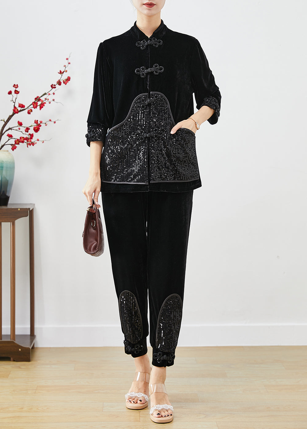 Vintage Black Sequins Patchwork Chinese Button Silk Velour Two Pieces Set Fall Ada Fashion