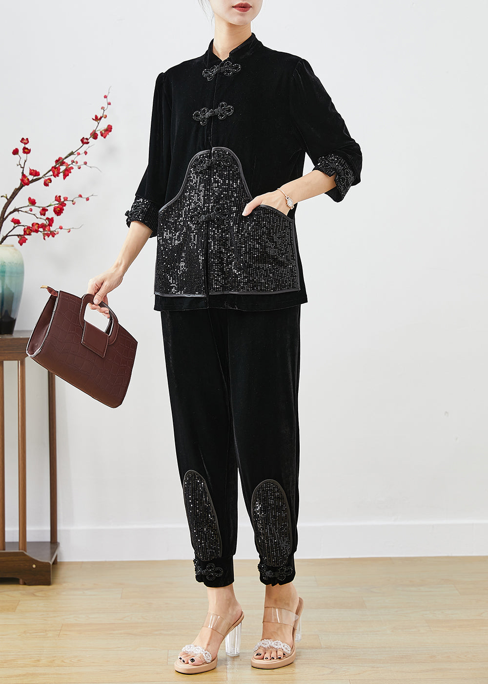 Vintage Black Sequins Patchwork Chinese Button Silk Velour Two Pieces Set Fall Ada Fashion