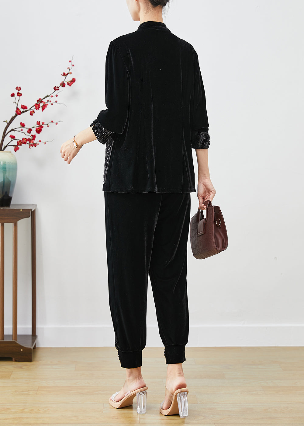 Vintage Black Sequins Patchwork Chinese Button Silk Velour Two Pieces Set Fall Ada Fashion
