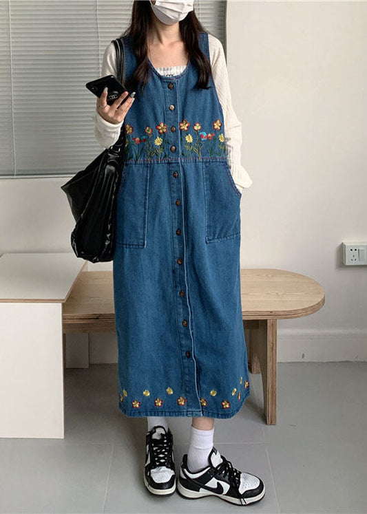 Vintage Black Slash Neck Embroideried Patchwork Button Denim Maxi Dress Sleeveless Ada Fashion