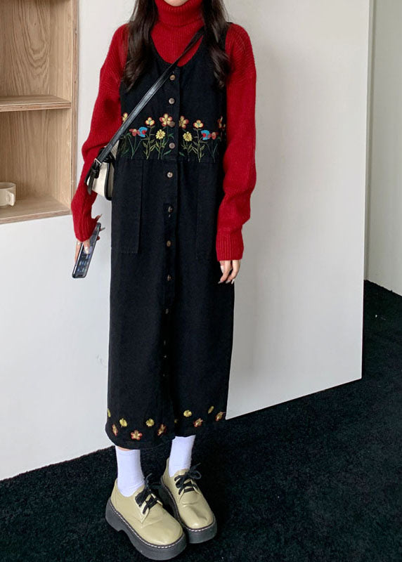 Vintage Black Slash Neck Embroideried Patchwork Button Denim Maxi Dress Sleeveless Ada Fashion