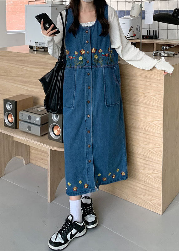Vintage Black Slash Neck Embroideried Patchwork Button Denim Maxi Dress Sleeveless Ada Fashion