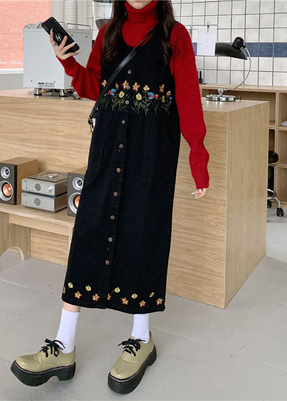 Vintage Black Slash Neck Embroideried Patchwork Button Denim Maxi Dress Sleeveless Ada Fashion