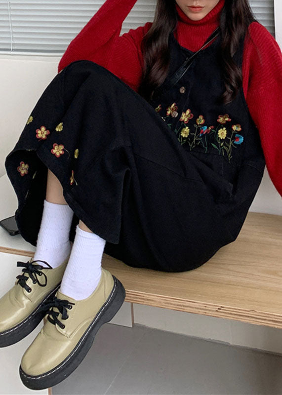 Vintage Black Slash Neck Embroideried Patchwork Button Denim Maxi Dress Sleeveless Ada Fashion