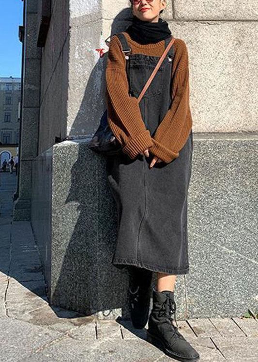 Vintage Black Slash Neck Patchwork Button Denim Long Dress Fall Ada Fashion