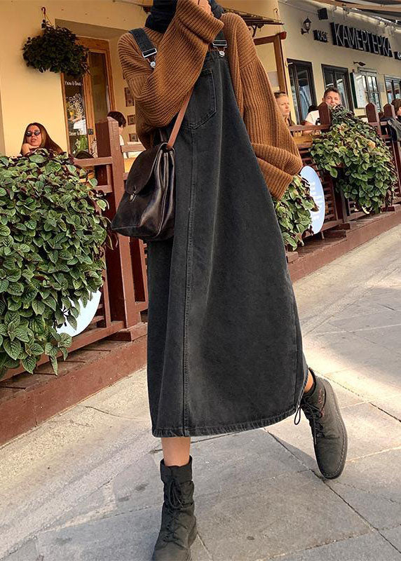 Vintage Black Slash Neck Patchwork Button Denim Long Dress Fall Ada Fashion