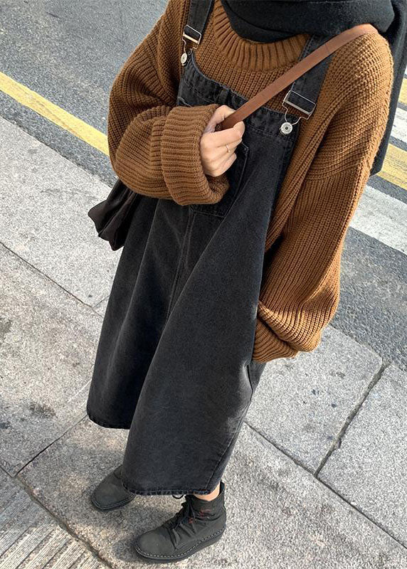 Vintage Black Slash Neck Patchwork Button Denim Long Dress Fall Ada Fashion