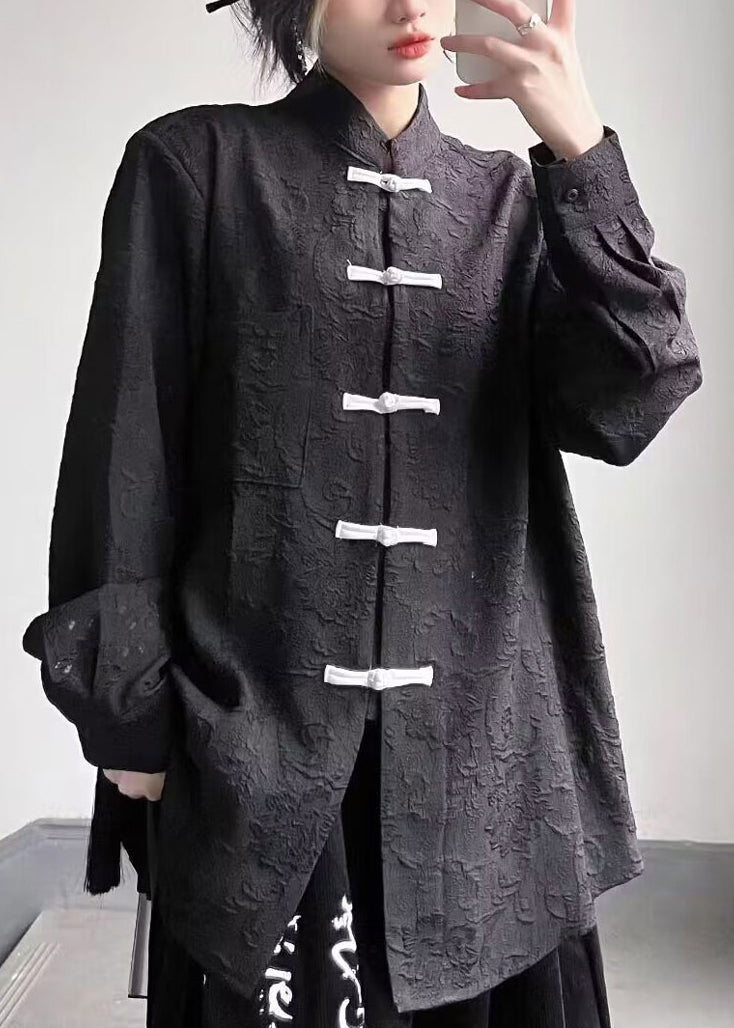 Vintage Black Stand Collar Chinese Button Patchwork Cotton Top Fall Ada Fashion