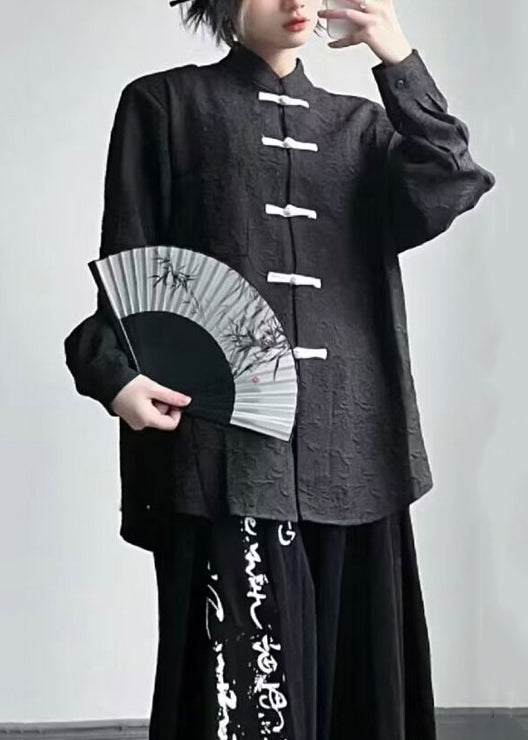 Vintage Black Stand Collar Chinese Button Patchwork Cotton Top Fall Ada Fashion