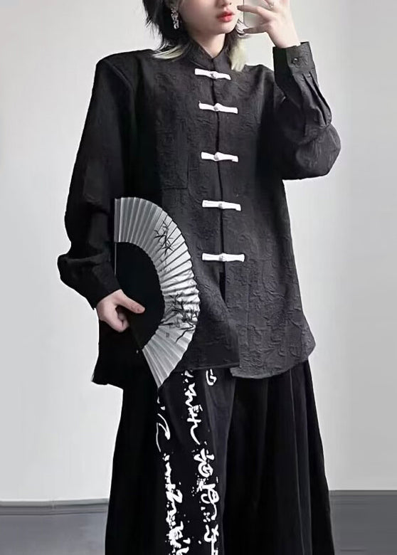 Vintage Black Stand Collar Chinese Button Patchwork Cotton Top Fall Ada Fashion