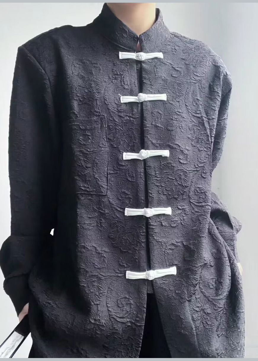 Vintage Black Stand Collar Chinese Button Patchwork Cotton Top Fall Ada Fashion