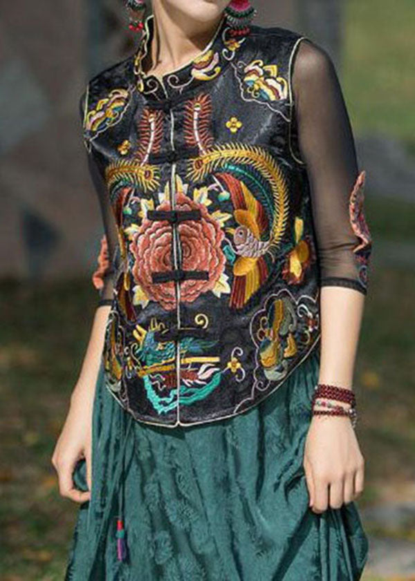 Vintage Black Stand Collar Embroideried Patchwork Silk Vest Sleeveless LY4536 - fabuloryshop