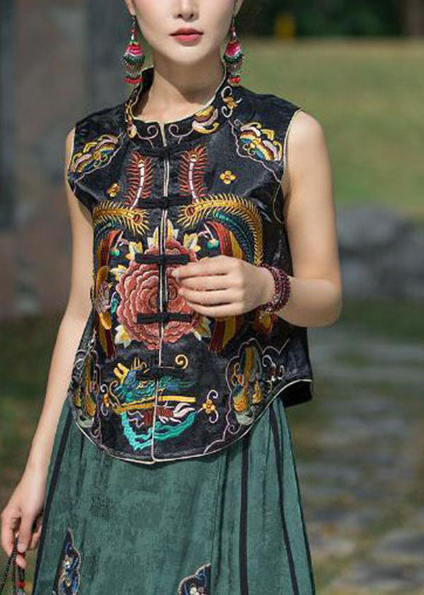 Vintage Black Stand Collar Embroideried Patchwork Silk Vest Sleeveless LY4536 - fabuloryshop