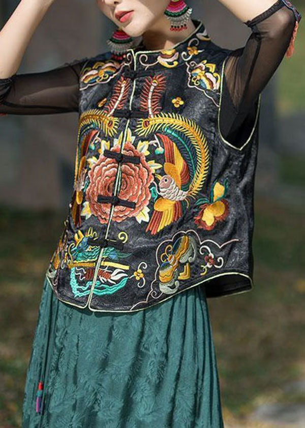 Vintage Black Stand Collar Embroideried Patchwork Silk Vest Sleeveless LY4536 - fabuloryshop