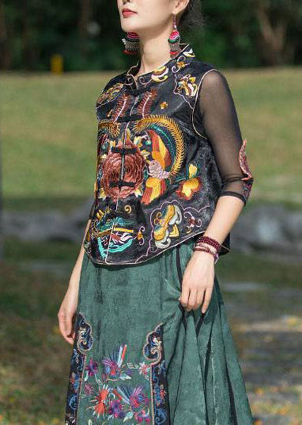 Vintage Black Stand Collar Embroideried Patchwork Silk Vest Sleeveless LY4536 - fabuloryshop