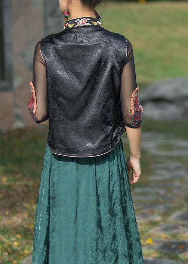 Vintage Black Stand Collar Embroideried Patchwork Silk Vest Sleeveless LY4536 - fabuloryshop