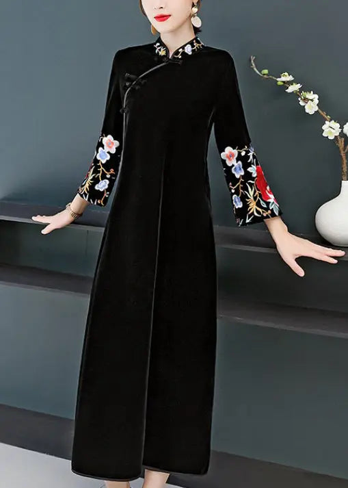 Vintage Black Stand Collar Embroideried Patchwork Velour Dress Fall Ada Fashion