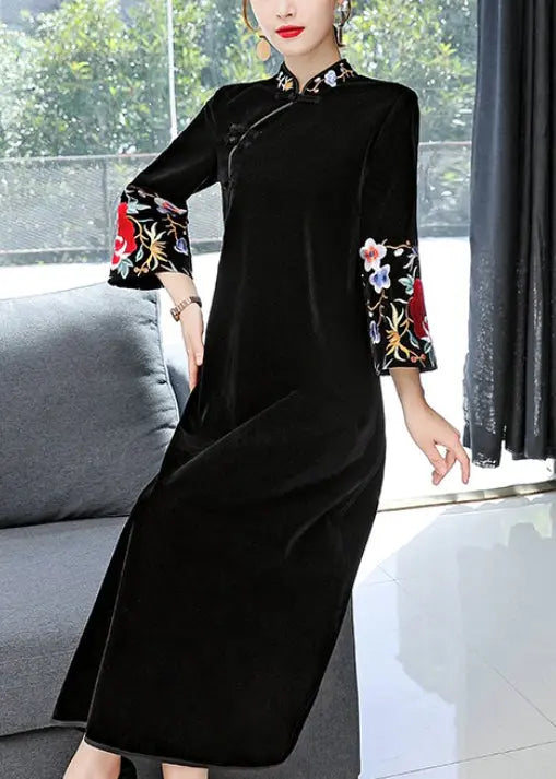 Vintage Black Stand Collar Embroideried Patchwork Velour Dress Fall Ada Fashion