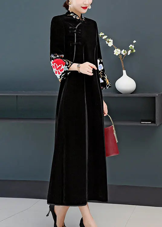 Vintage Black Stand Collar Embroideried Patchwork Velour Dress Fall Ada Fashion