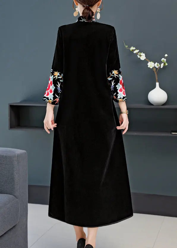 Vintage Black Stand Collar Embroideried Patchwork Velour Dress Fall Ada Fashion