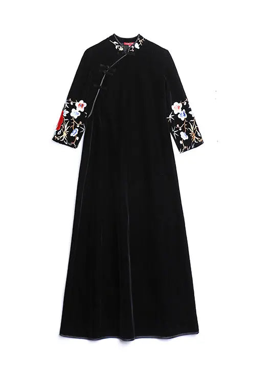 Vintage Black Stand Collar Embroideried Patchwork Velour Dress Fall Ada Fashion