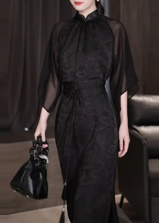 Vintage Black Stand Collar Jacquard Patchwork Silk Dresses Fall Ada Fashion