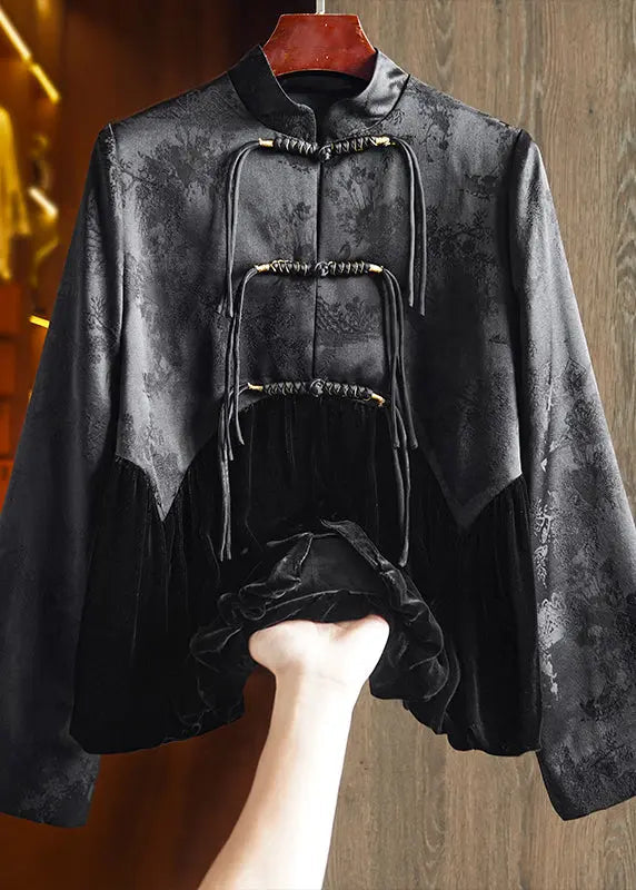 Vintage Black Tasseled Jacquard Patchwork Silk Velour Coat Fall Ada Fashion
