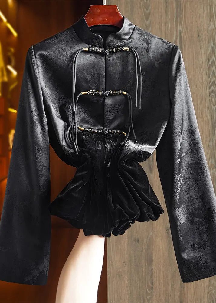 Vintage Black Tasseled Jacquard Patchwork Silk Velour Coat Fall Ada Fashion