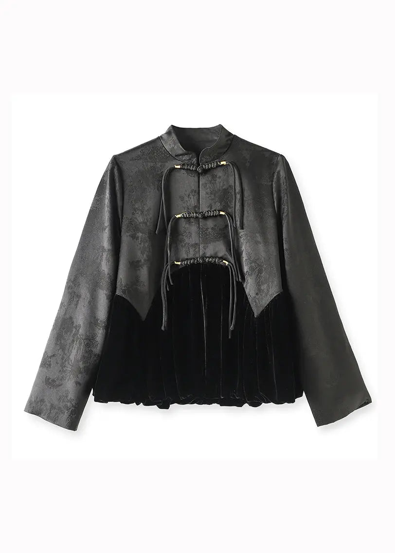 Vintage Black Tasseled Jacquard Patchwork Silk Velour Coat Fall Ada Fashion
