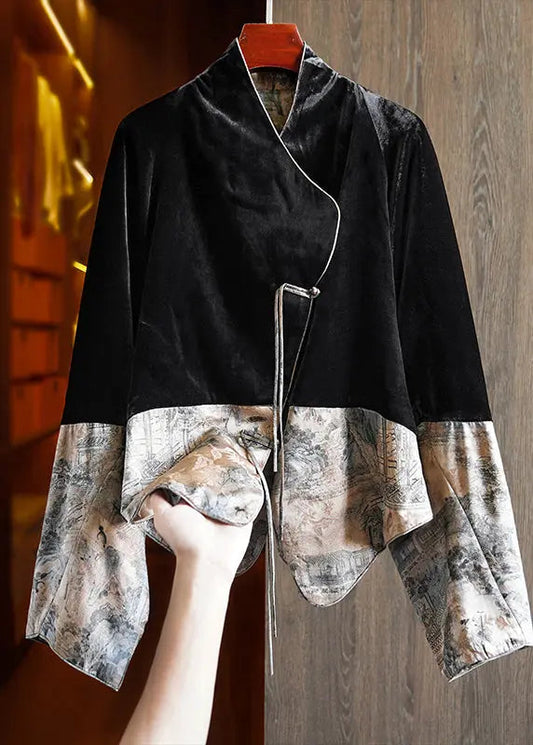 Vintage Black Tasseled Print Patchwork Silk Velour Coats Fall Ada Fashion