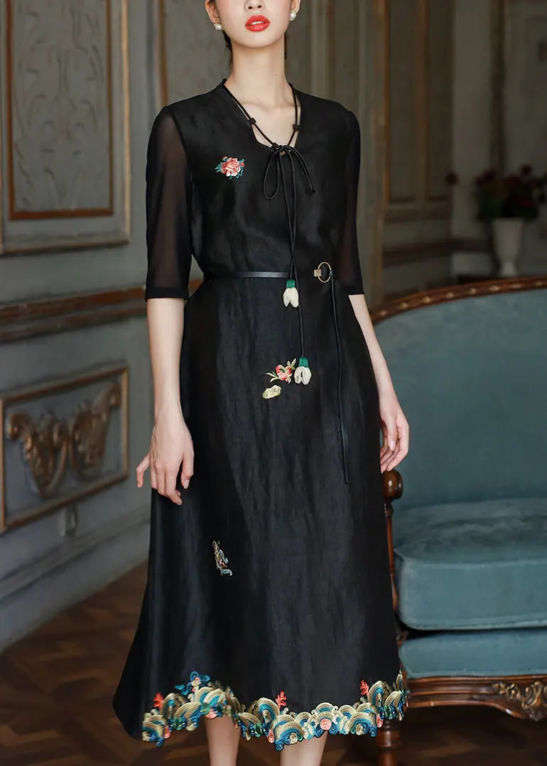 Vintage Black V Neck Embroideried Patchwork Silk Dress Summer Ada Fashion