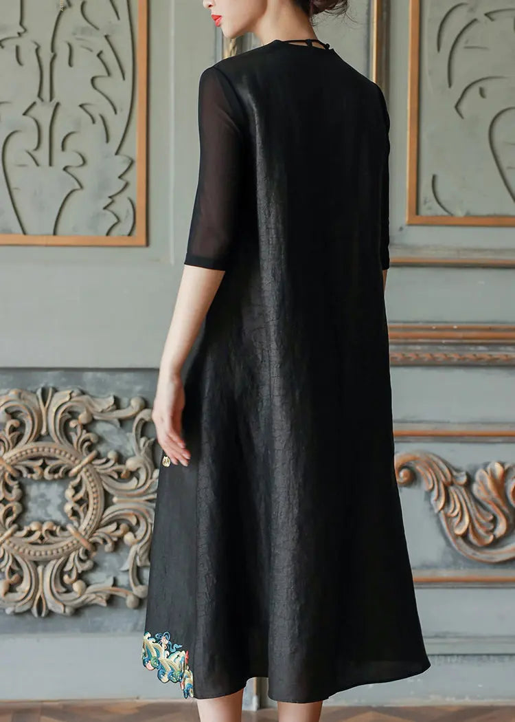 Vintage Black V Neck Embroideried Patchwork Silk Dress Summer Ada Fashion