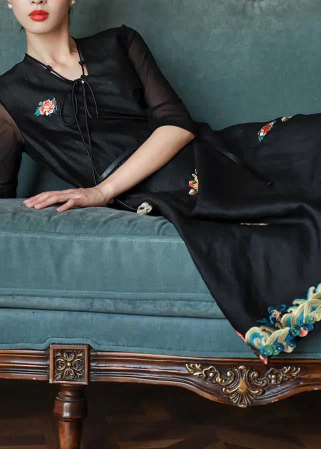 Vintage Black V Neck Embroideried Patchwork Silk Dress Summer Ada Fashion
